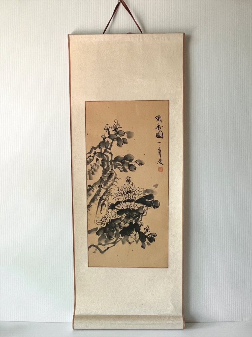 Original Chinese Ink Wash Chrysanthemum Hanging Scroll Painting Signed Seal